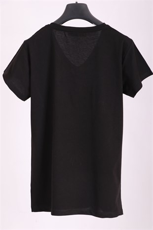 T-ShirtKadın Siyah V Yaka Papağan Figürlü Payetli Yarım Kollu Pamuk T-shirtACLASSICS