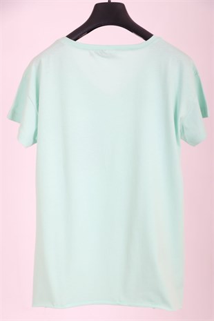 T-ShirtKadın Yeşil V Yaka  Cepli Payetli Yırtmajlı Yarım Kollu Pamuk T-shirtACLASSICS