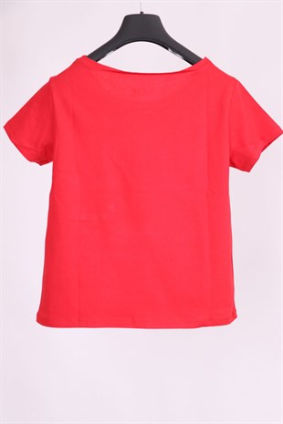 T-ShirtKırmızı Oval Yaka Cep Detaylı Yarım Kollu Salaş Pamuk Kısa T-ShirtACLASSICS