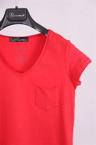 T-ShirtKırmızı V Yaka Cep Detaylı Yarım Kollu Slim Fit Pamuk T-ShirtACLASSICS