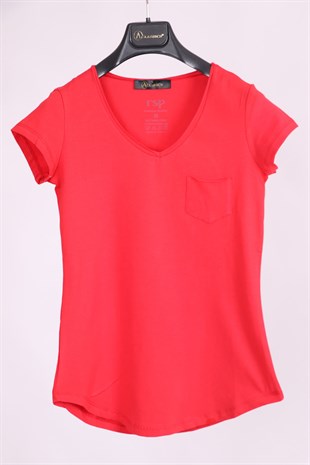 T-ShirtKırmızı V Yaka Cep Detaylı Yarım Kollu Slim Fit Pamuk T-ShirtACLASSICS