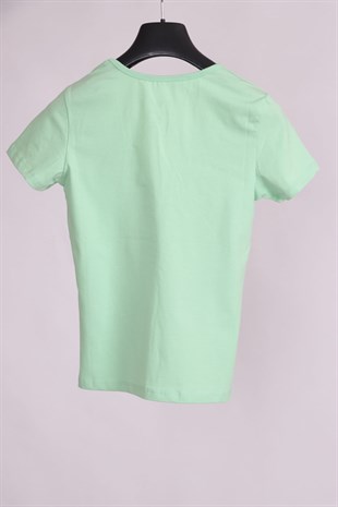 T-ShirtYeşil Büzgülü V Yaka Yarım Kollu Pamuk Slim Fit T-ShirtACLASSICS